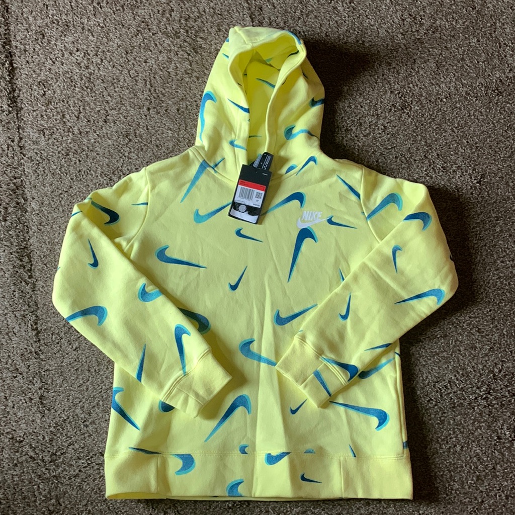 Brand New Nike Girls Swoosh Pullover Hoodie Yellow Blue Dc3429712 Size Large